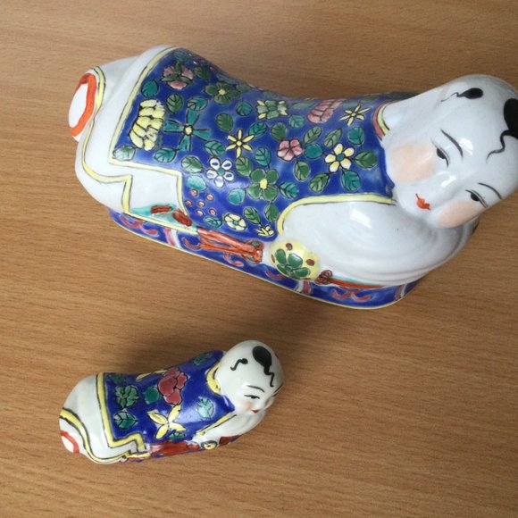 2 Vintage Chinese hand painted enamel baby pillow figurines boys 6" & 2.5" blue - Picture 2 of 5